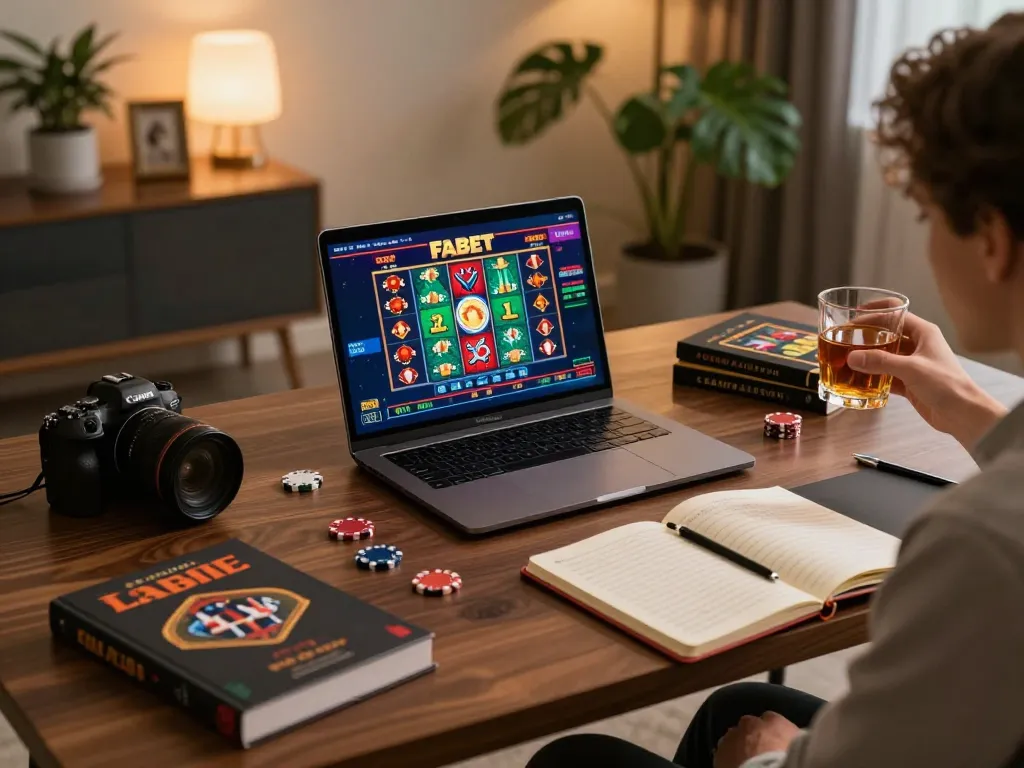 Engaged player using fabet platform for an immersive online slots gaming session in a cozy home