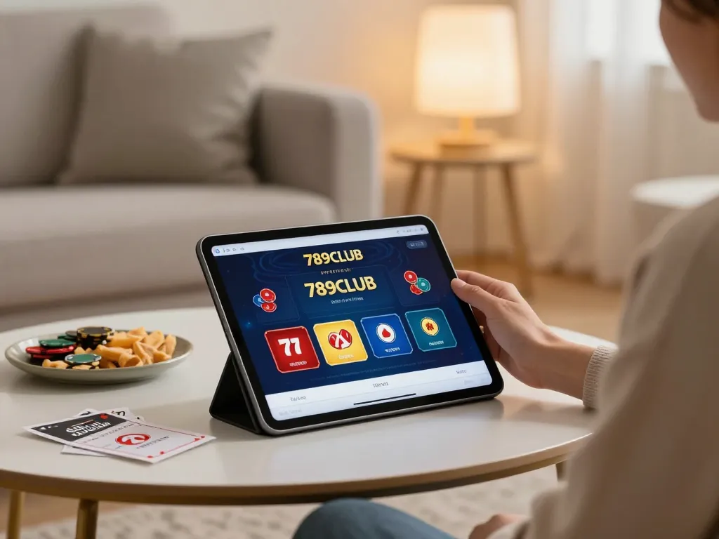 Playing the 789CLUB mobile app on a tablet in a cozy living room, showcasing home gaming.