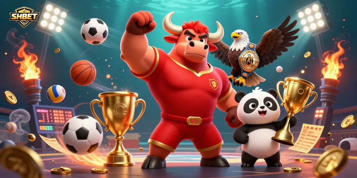 Engage with SHBET's exciting sports betting scenes featuring dynamic gaming elements and joyful mascots.