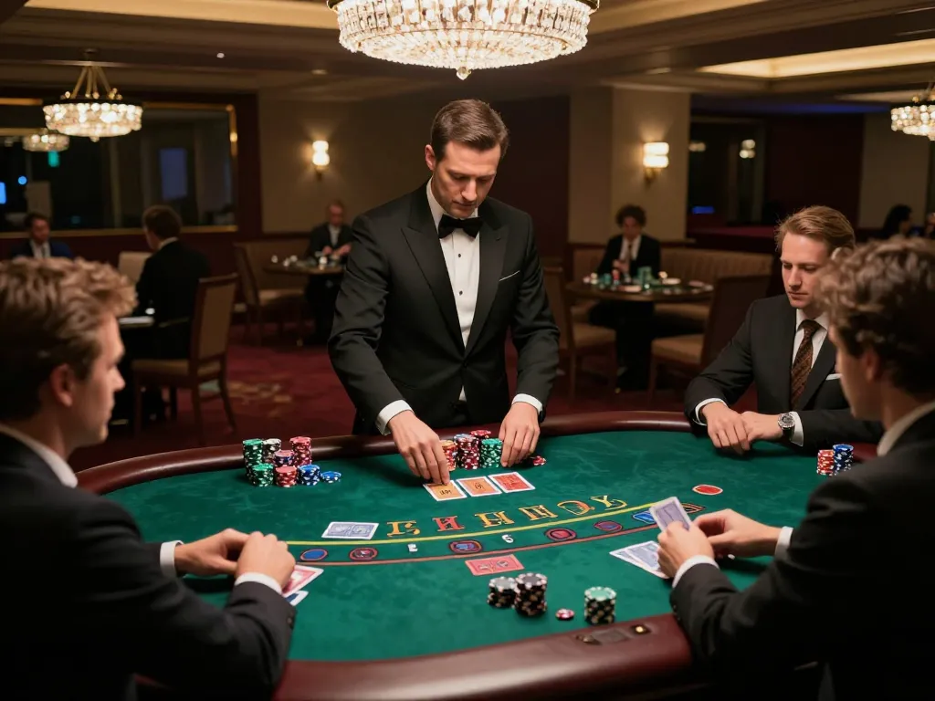 MMOO players enjoying blackjack in a stylish casino with engaged dealers and chips