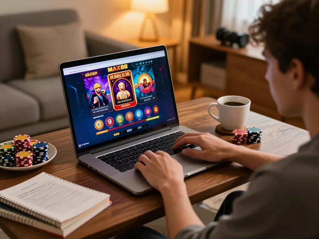 Engaging online gambling experience with nhà cái MAX88 on a laptop in a cozy setting.