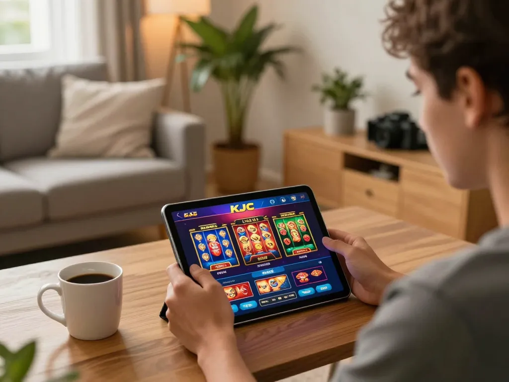 KJC user engaging with online casino games on tablet in a cozy living room.