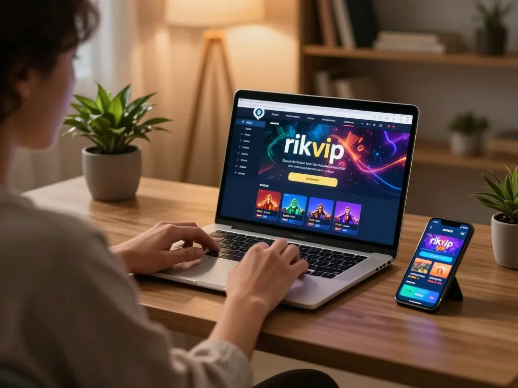 Engaging in online casino games at home using rikvip platform on laptop.