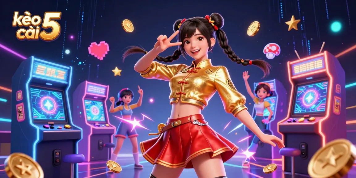Engage with kèo nhà cái 5 as a vibrant Asian woman poses joyfully amidst colorful gaming elements.
