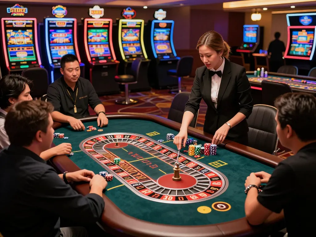 Players engaged at the roulette table showcasing excitement and strategy at Nhà cái FC88 casino