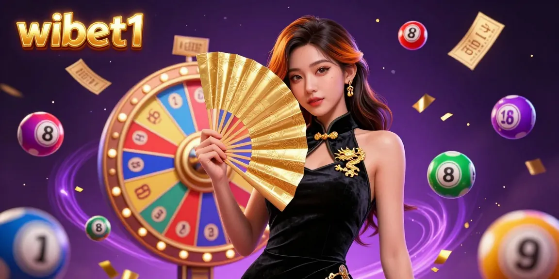 wibet1 offers an exciting casino atmosphere with vibrant lottery elements and a stunning Asian woman in a velvet dress.