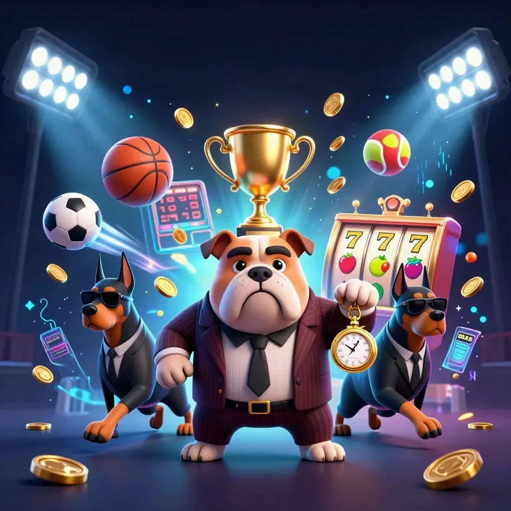 Mafia-boss bulldog and Dobermans amid flying sports balls, coins, reels, and neon casino light.