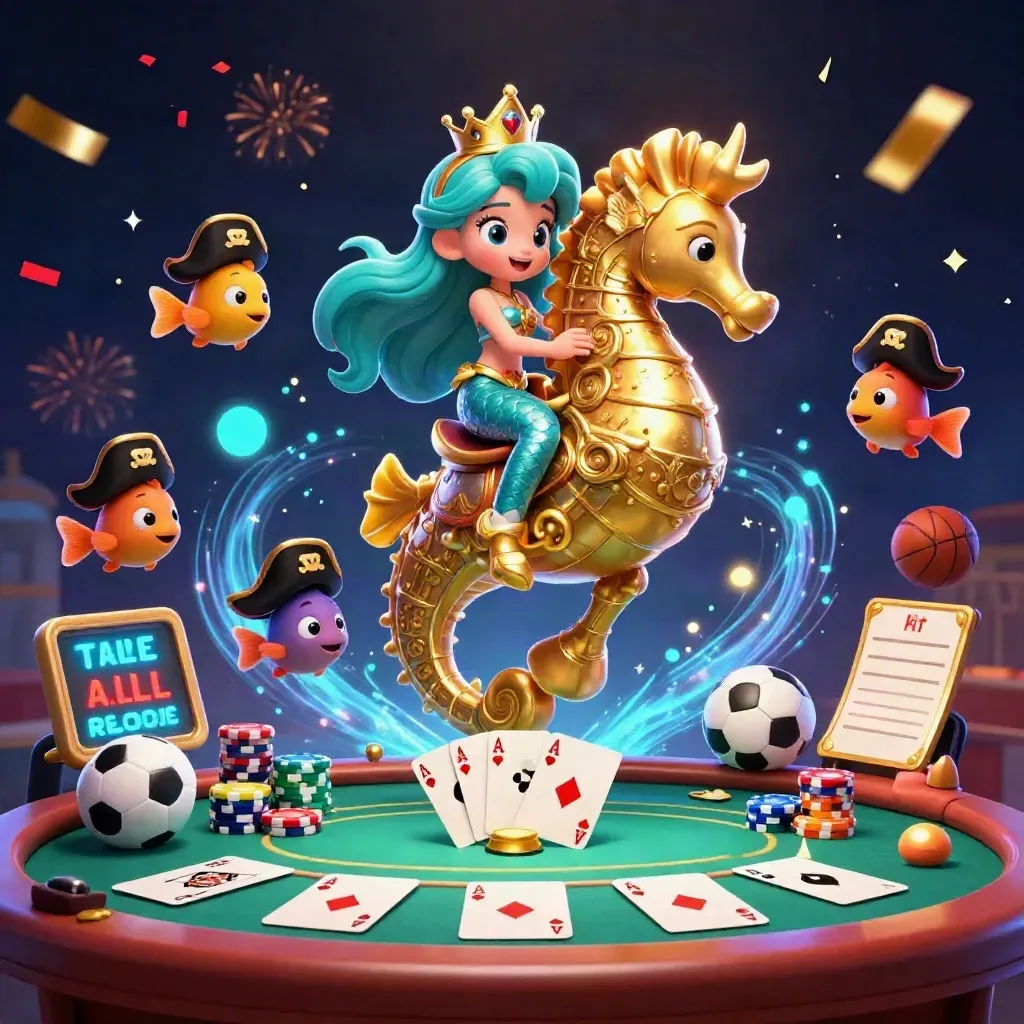 Mermaid princess on a golden seahorse amid poker chips, cards, and casino magic