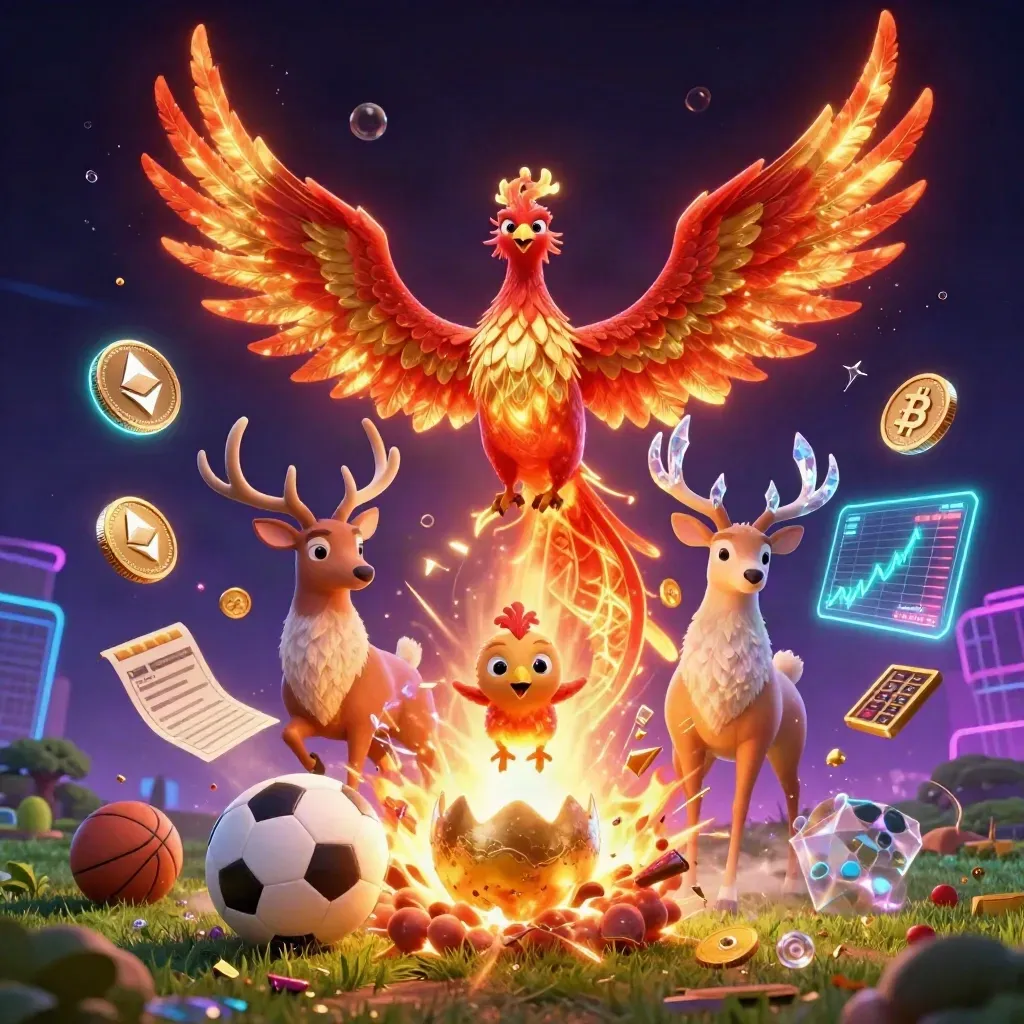 Phoenix, stag and coins burst around a soccer ball on a neon casino sports field.