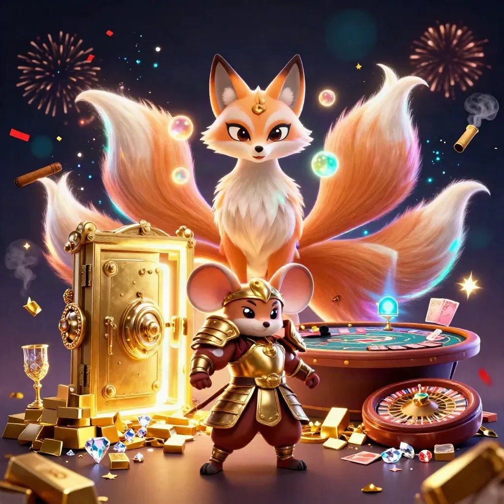 Fox spirit and armored mouse amid vault gold, jewels, roulette, and glowing casino magic