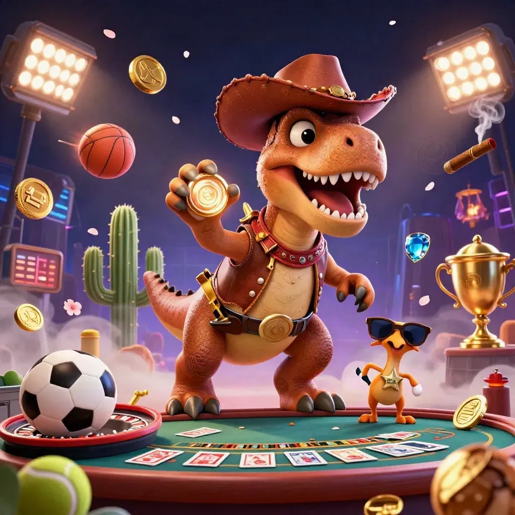 Cowboy T-Rex, cactus sidekick, and roadrunner in a neon casino-western splash scene.