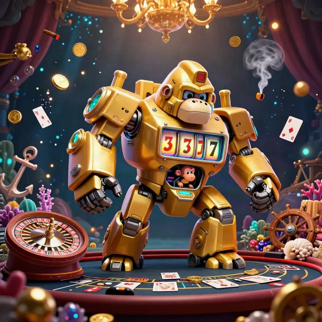 Golden gorilla mech with monkey pilot amid casino treasure cove and glowing lights