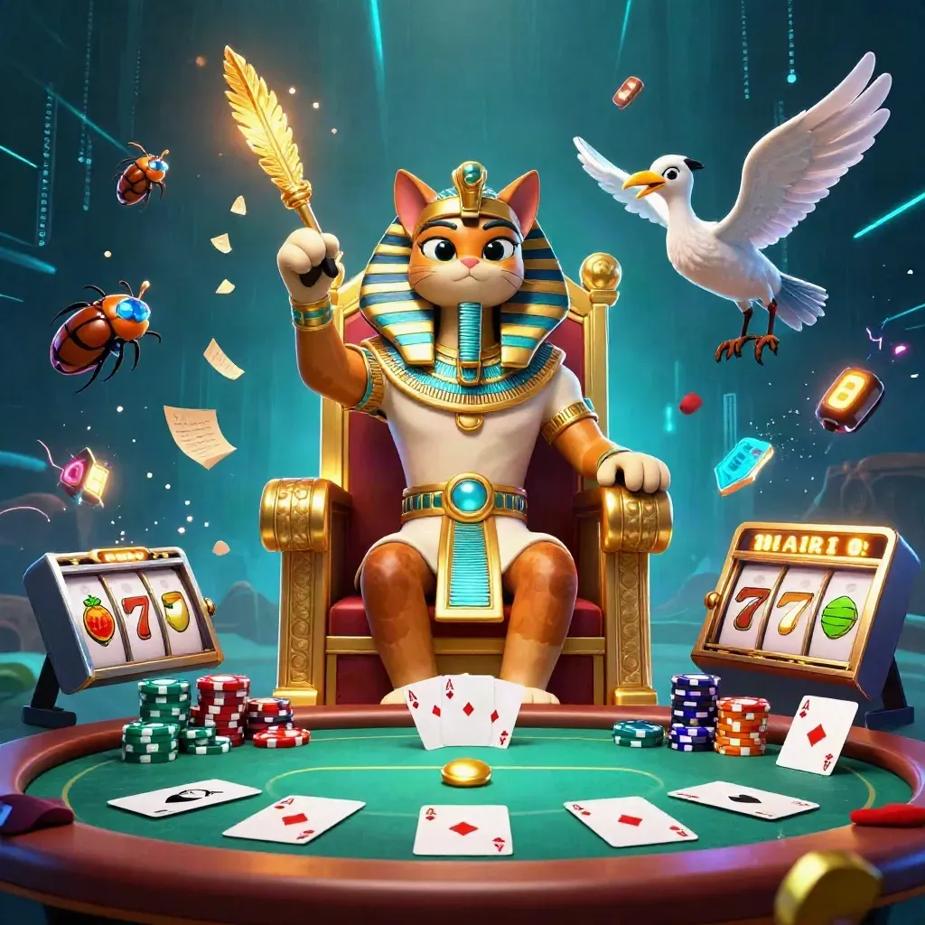 Pharaoh cat, ibis scribe and gem-wing scarabs amid poker chips, aces and neon casino effects