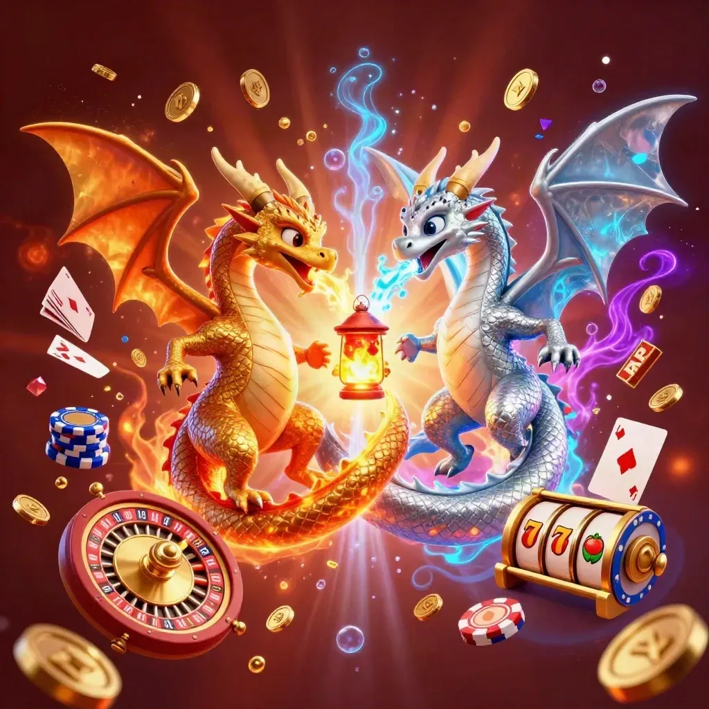 Gold and silver dragons burst with coins, gems, chips, roulette, and cyan glow.