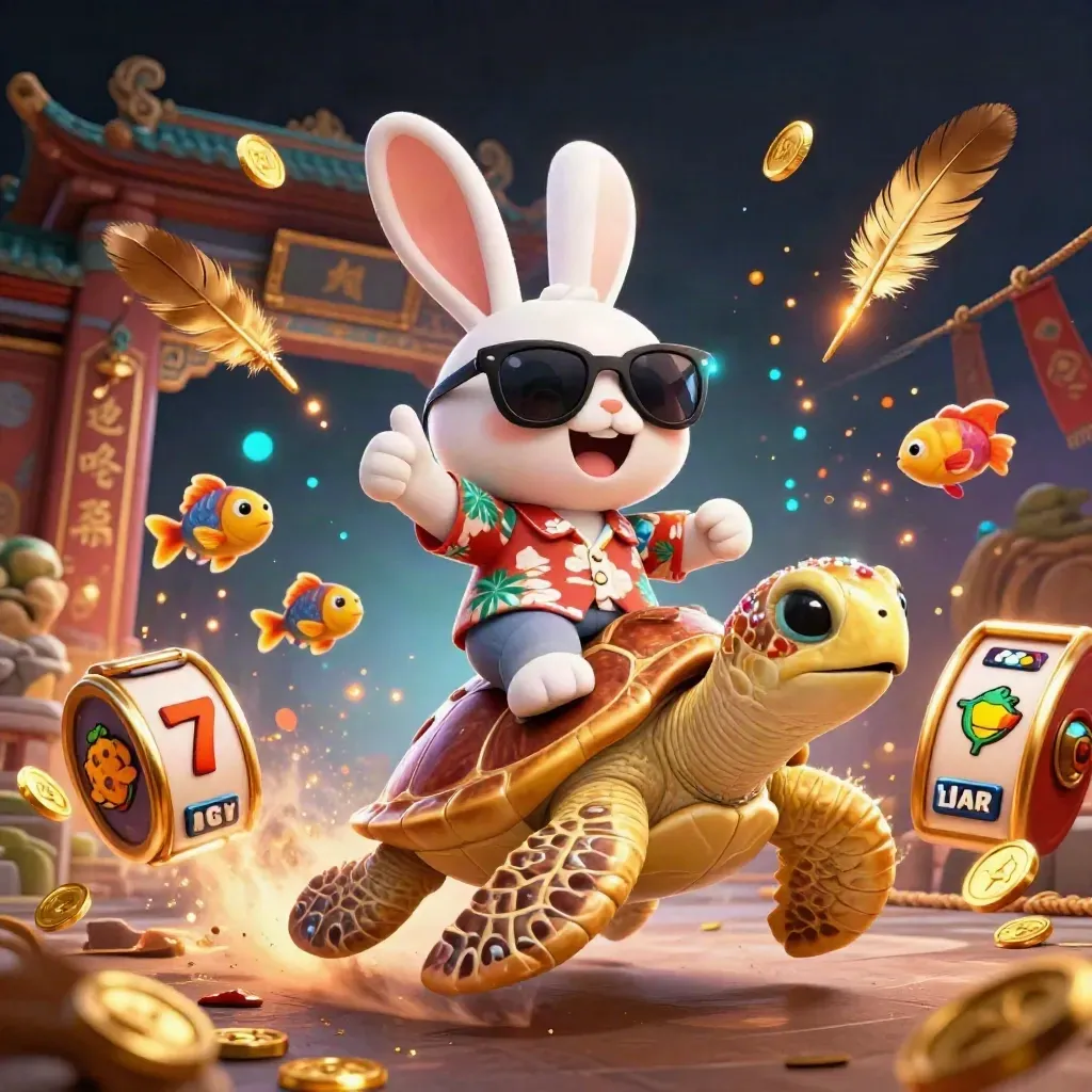 Lucky rabbit rides a gem-shell sea turtle through gold coins, cyan glow, temple gate and casino magic.