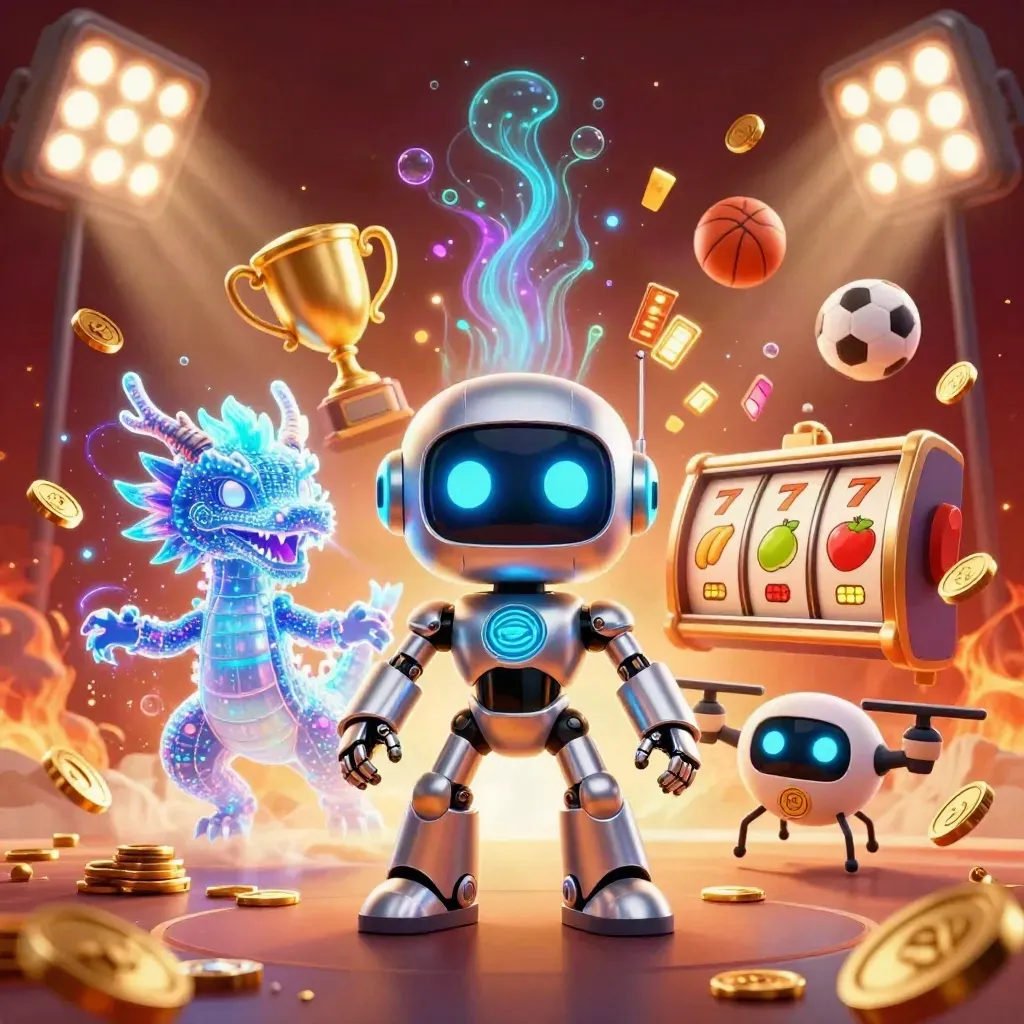 Chrome robot, holographic dragon and coin drone amid coins, balls, trophy and neon casino sparks