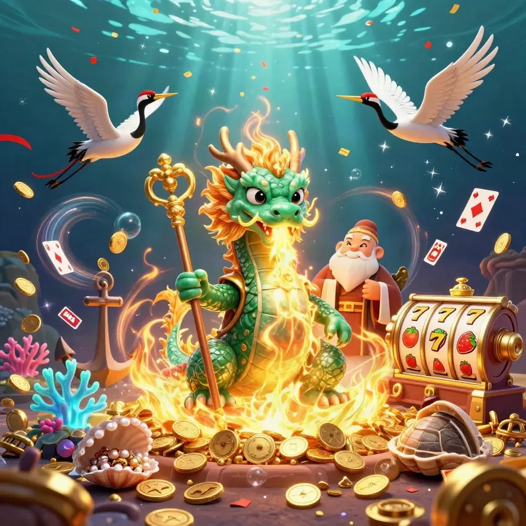 Dragon, turtle sage, and cranes in a treasure cove with coins, fireworks, coral, and slot symbols.