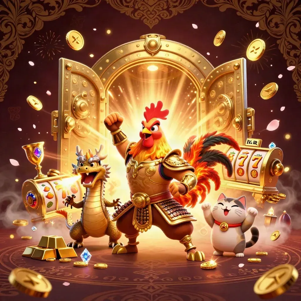 Rooster warrior, spark-breathing hatchling, and fortune cat amid a bursting gold vault.