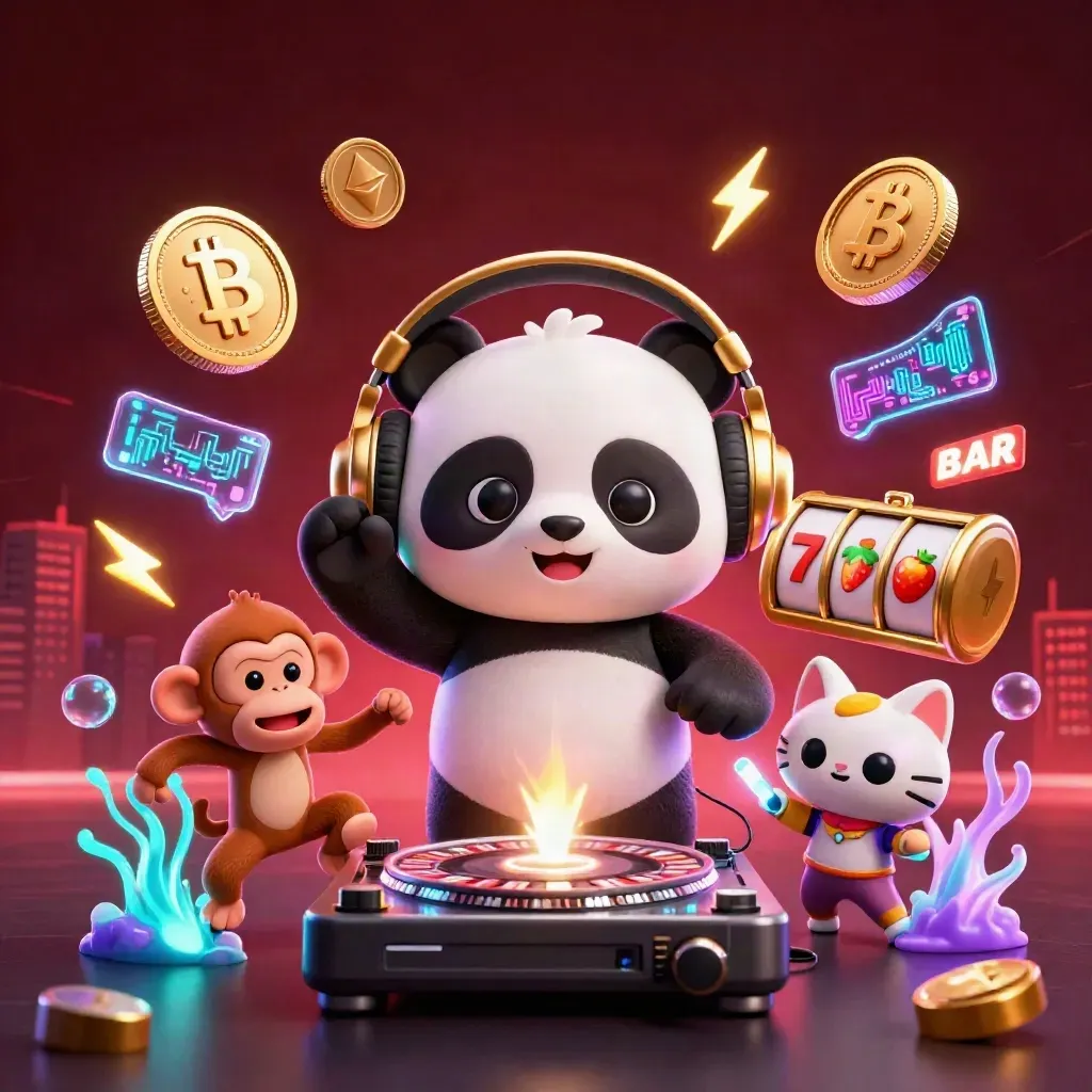 DJ panda, breakdancing monkey and glow-stick kitten amid roulette wheels and neon crypto sparks