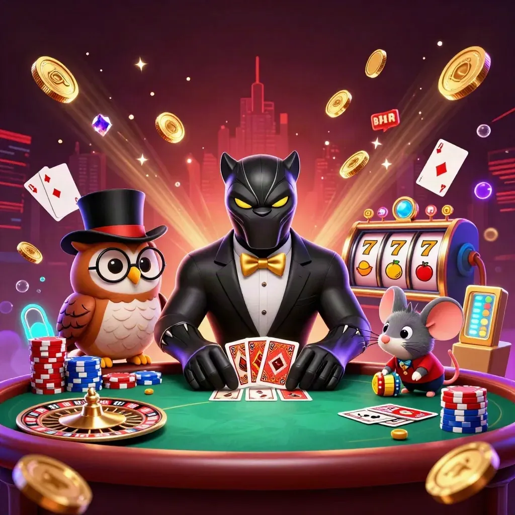 Panther, owl, and mouse with chips and spinning roulette in a burgundy-gold casino glow.