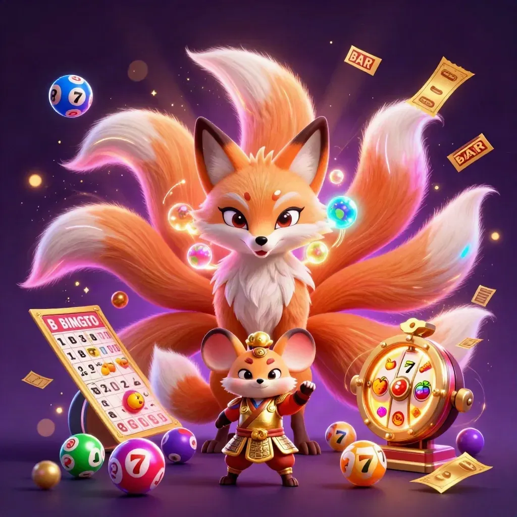 Nine-tailed fox spirit and armored mouse amid casino wheels, balls, gold sparks