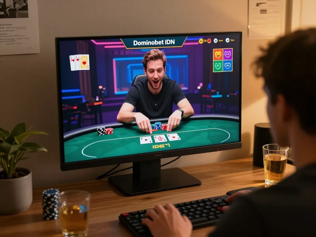 Engaging moment in Dominobet IDN Poker gaming on a computer with chips and cards visible.
