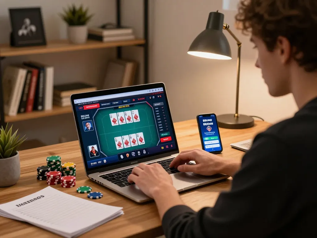 Engaged user playing poker on 88xeng, showcasing strategy and excitement in a cozy home setup.