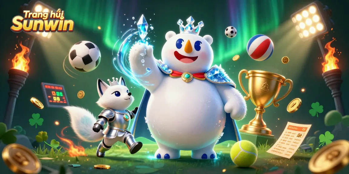Engage with Trang chủ Sunwin featuring a dynamic 3D scene of a royal polar bear and fox amid exhilarating sports betting elements.