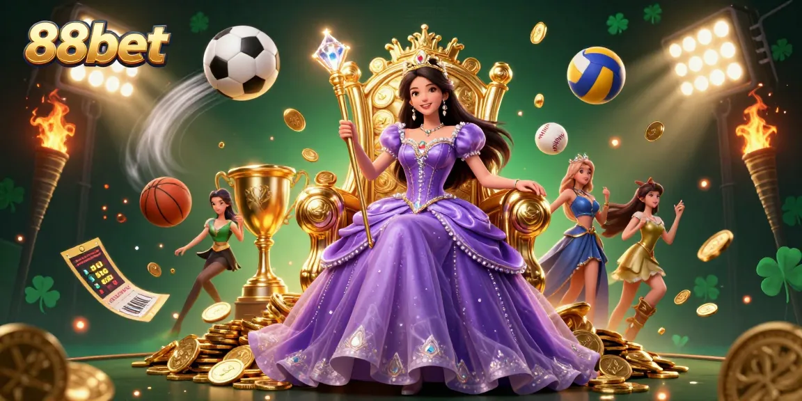 Experience the excitement of 88bet with a stunning Asian princess amidst vibrant sports elements and dynamic action.