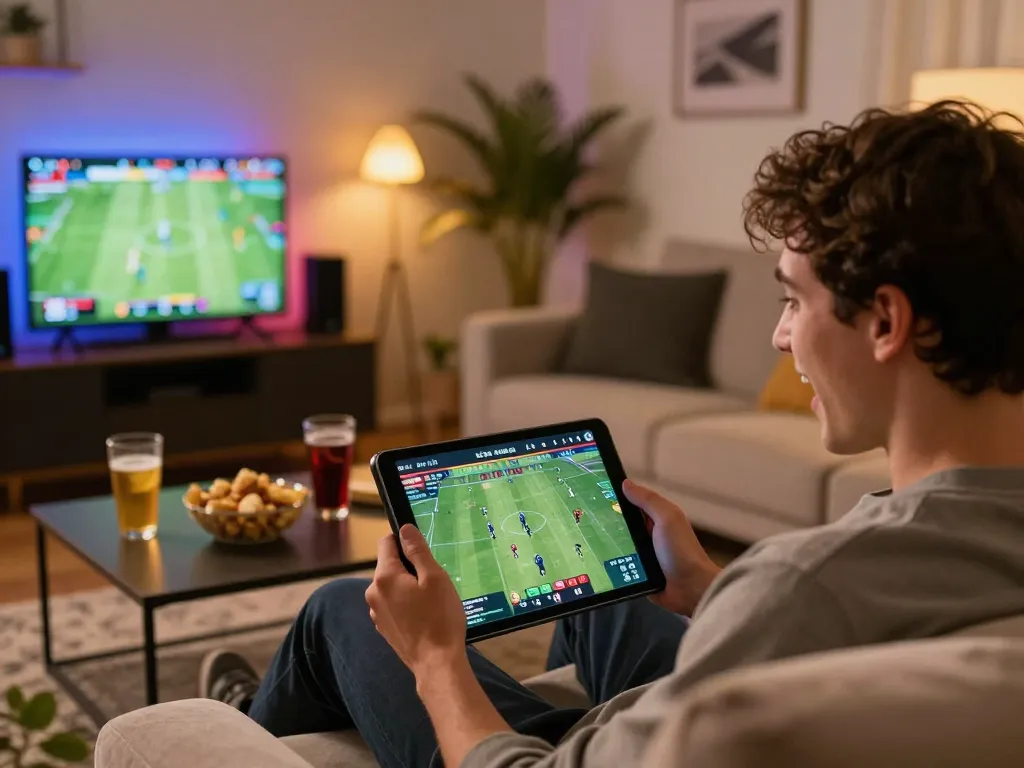 Engaging in fast-paced betting on dn88 com with live sports displayed on tablet from cozy home setting