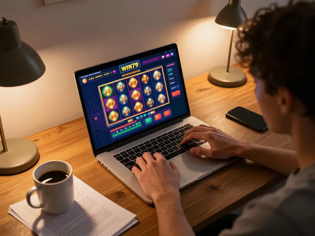 WIN79 online gaming setup showcasing vibrant slot games and player engagement in a cozy home atmosphere