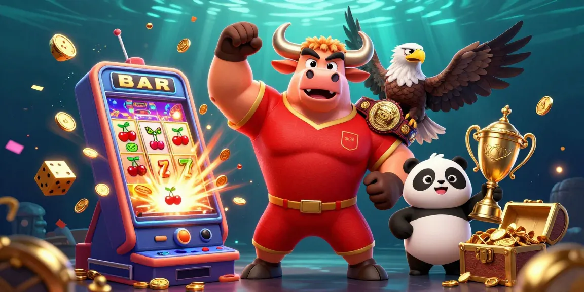 nc88a showcases a lively casino atmosphere with a bull mascot, eagle, and panda celebrating a jackpot win.