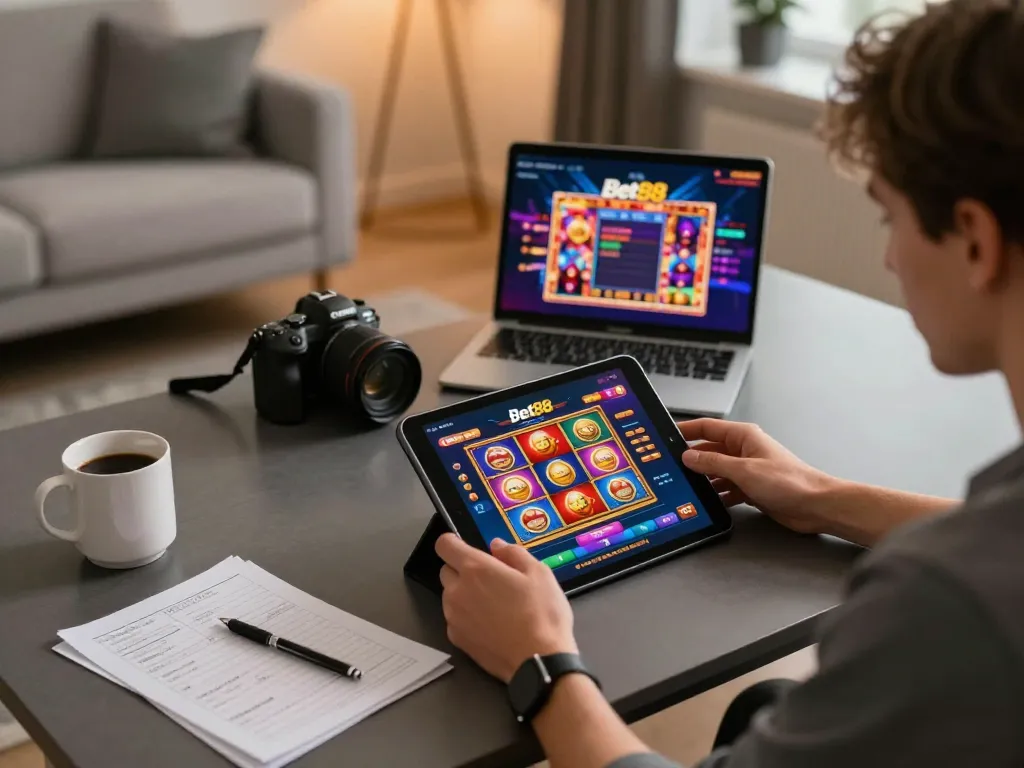 Bet88 gaming setup showcasing a player engaged in online slot games for an immersive experience