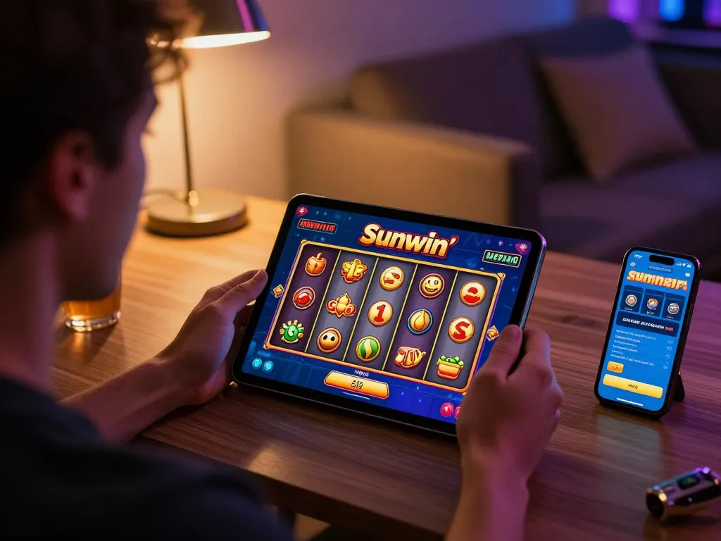 Engaging in Sunwin's exciting slot games using a tablet in a cozy home gaming setup