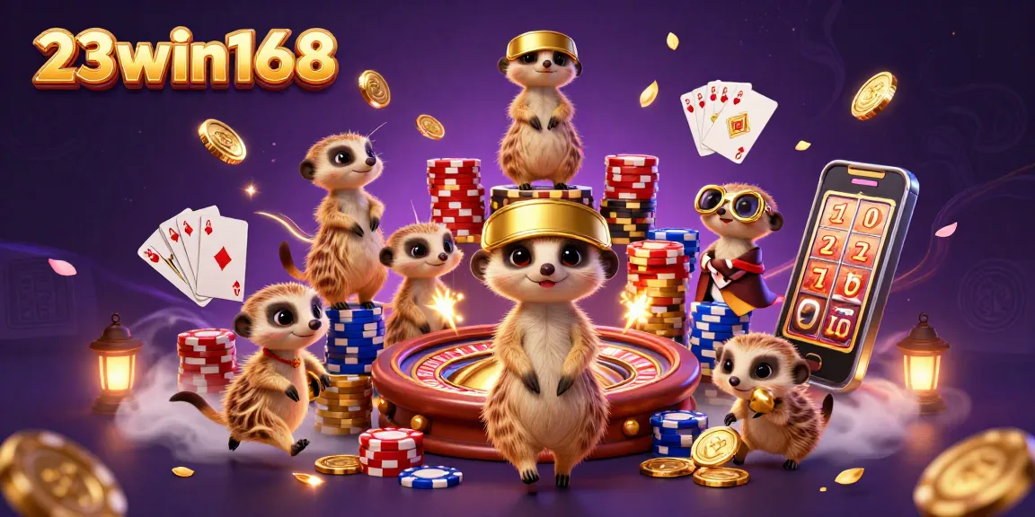 Experience the thrill of 23win168 with cartoon meerkats engaging in a vibrant casino environment.