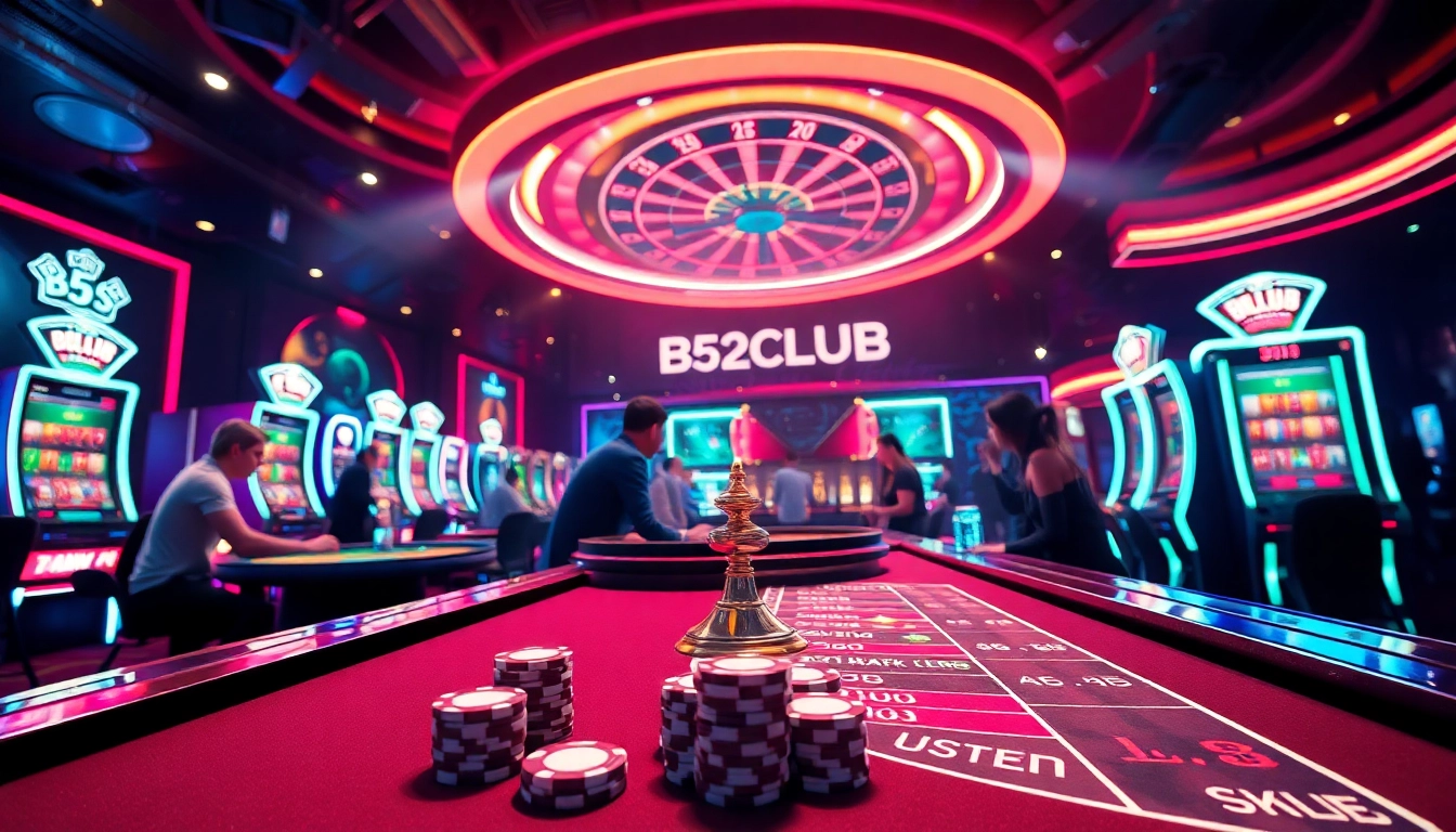 B52CLUB players celebrating big wins at a luxury casino table with vibrant gaming elements.