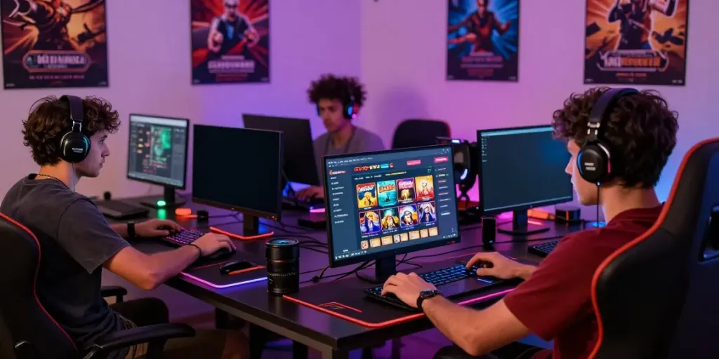 Engaging gamers enjoying the Cổng game nbet experience, surrounded by gaming gear.