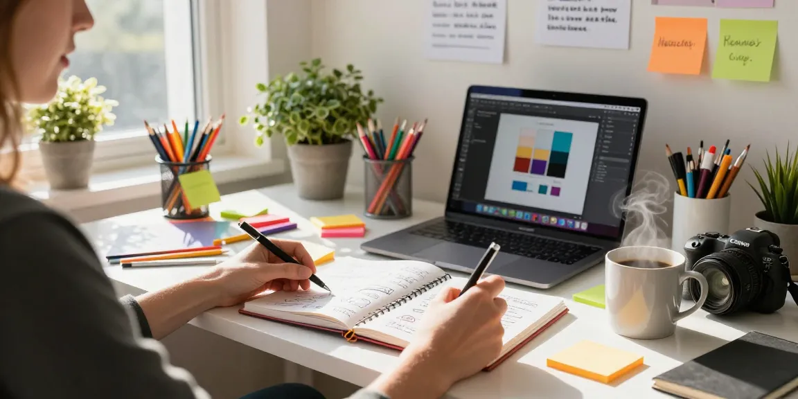 Individual brainstorming in a home office with custom printed notebooks open, surrounded by colorful stationery and warm morning light.