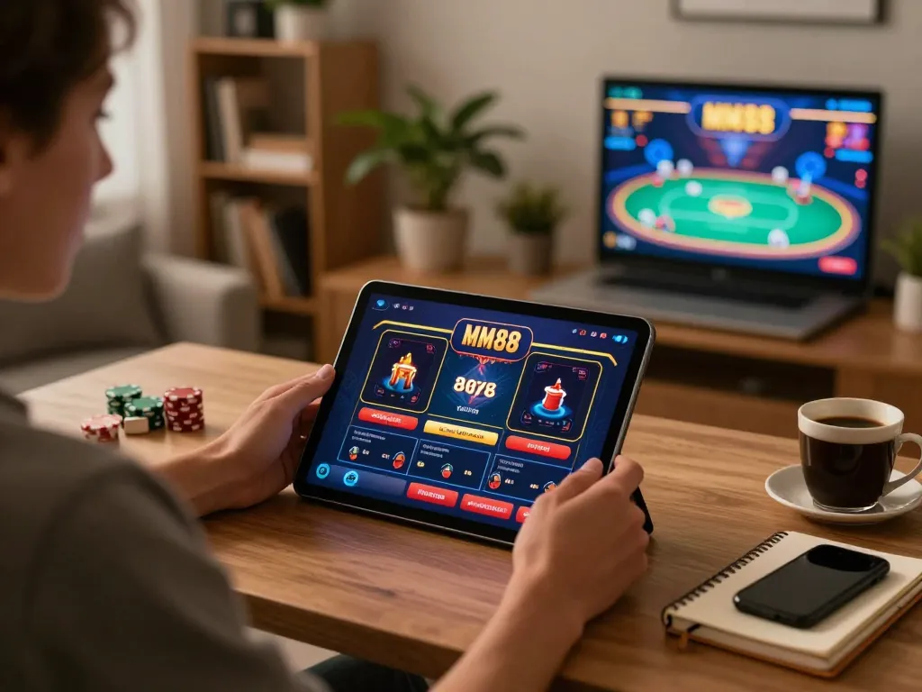 Player engaging with MM 88 casino app on tablet at a cozy home setup.