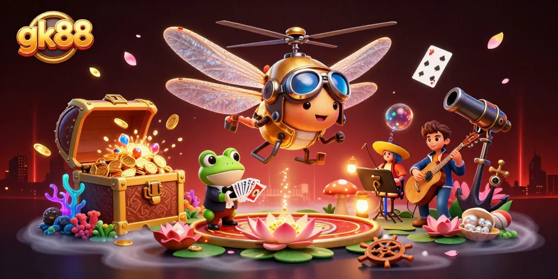 Engage with gk88's dynamic casino scene featuring a dragonfly pilot and frog croupier.