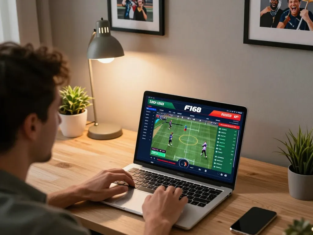 User engaging in live betting on F168 sports platform, showcasing excitement and strategy at home.