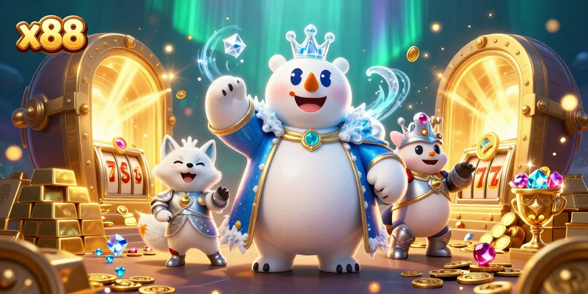 x88 spins premium slot reels and wins treasure with cartoon characters in a dynamic casino scene