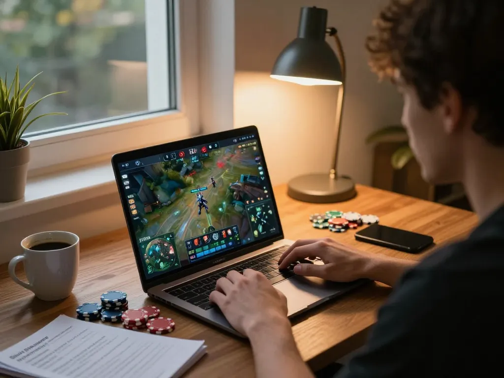 Engaging scene of a player enjoying a no hu game on a laptop in a cozy home setup