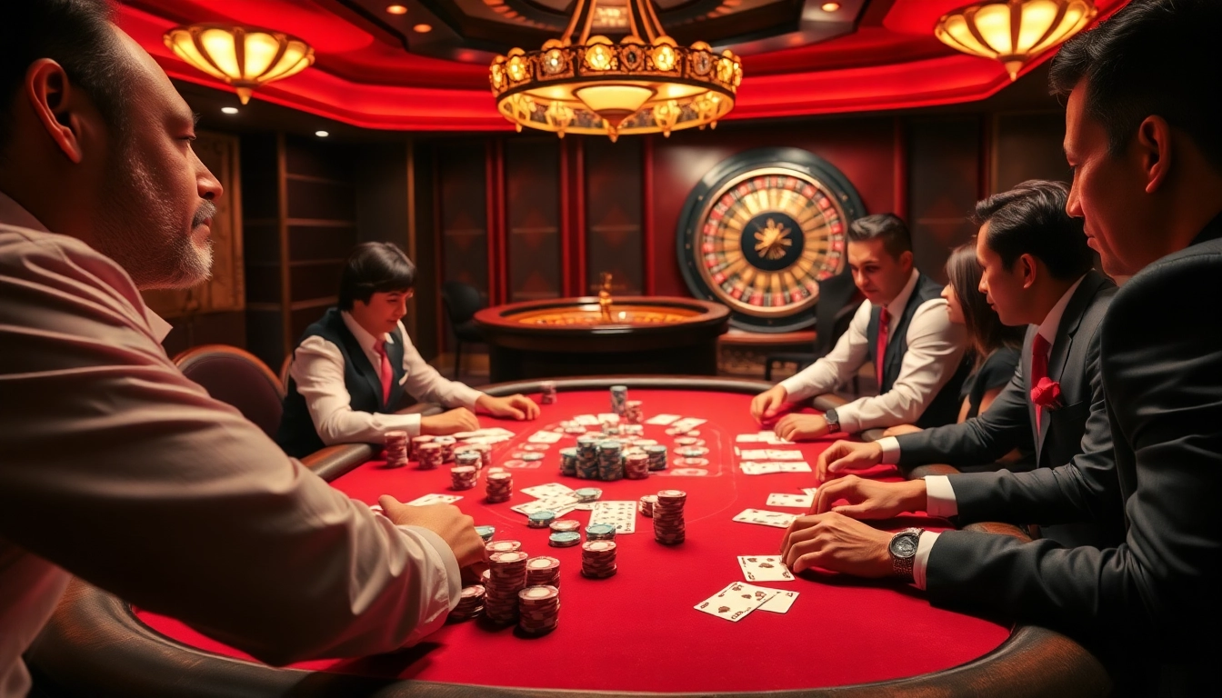 Engaging poker gameplay at B52CLUB casino table with vibrant chips and cards.