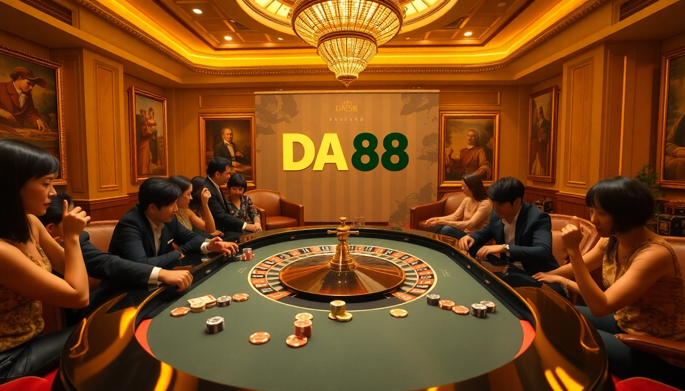Experience thrilling gameplay at DA88's luxurious casino, featuring vibrant roulette and enthusiastic players.