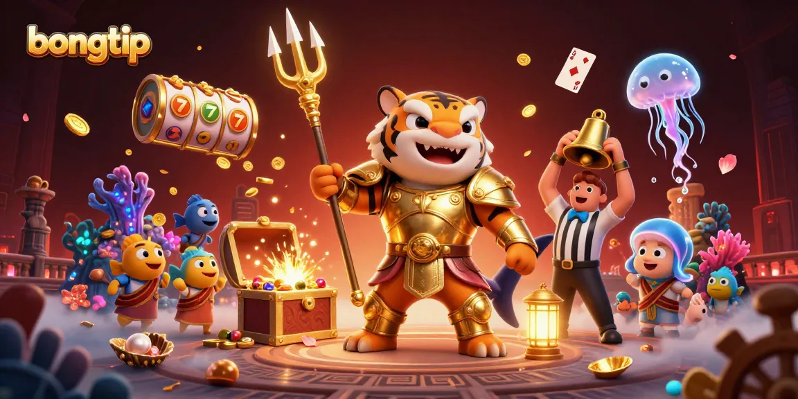 Bongtip showcases a thrilling underwater casino scene with a shark gladiator and slot reels.