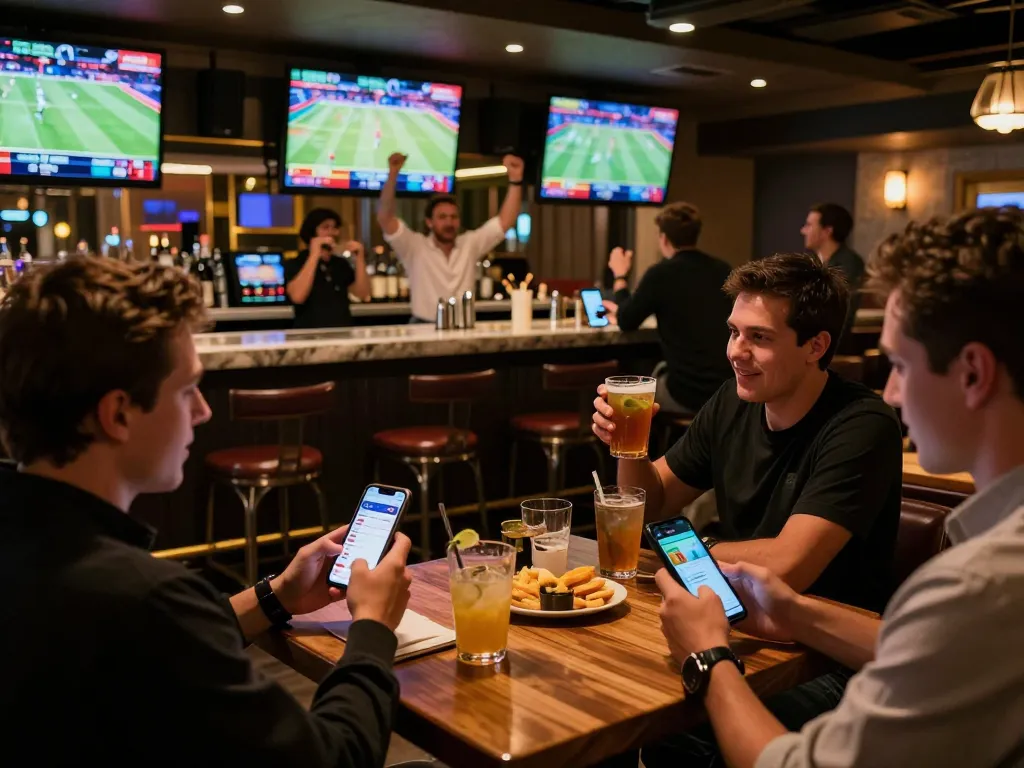 Tỷ lệ kèo nhà cái 5 in a lively sports betting atmosphere with patrons actively discussing strategies.