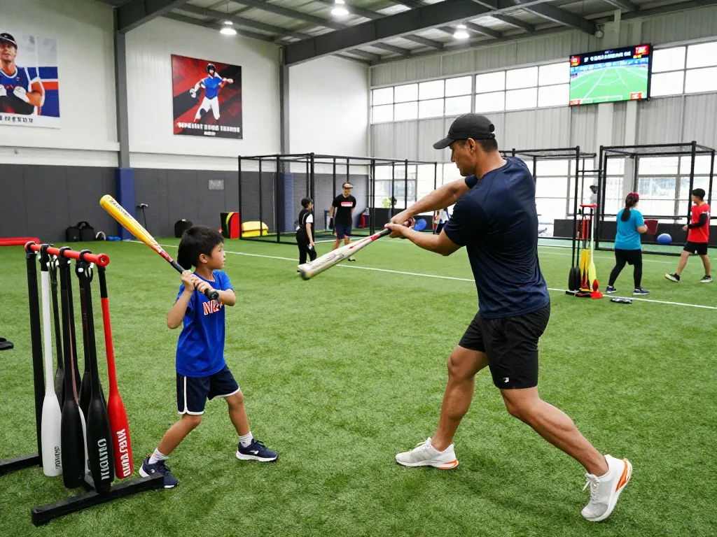 Dynamic training at hitclub baseball facility with coach and young athlete in action.