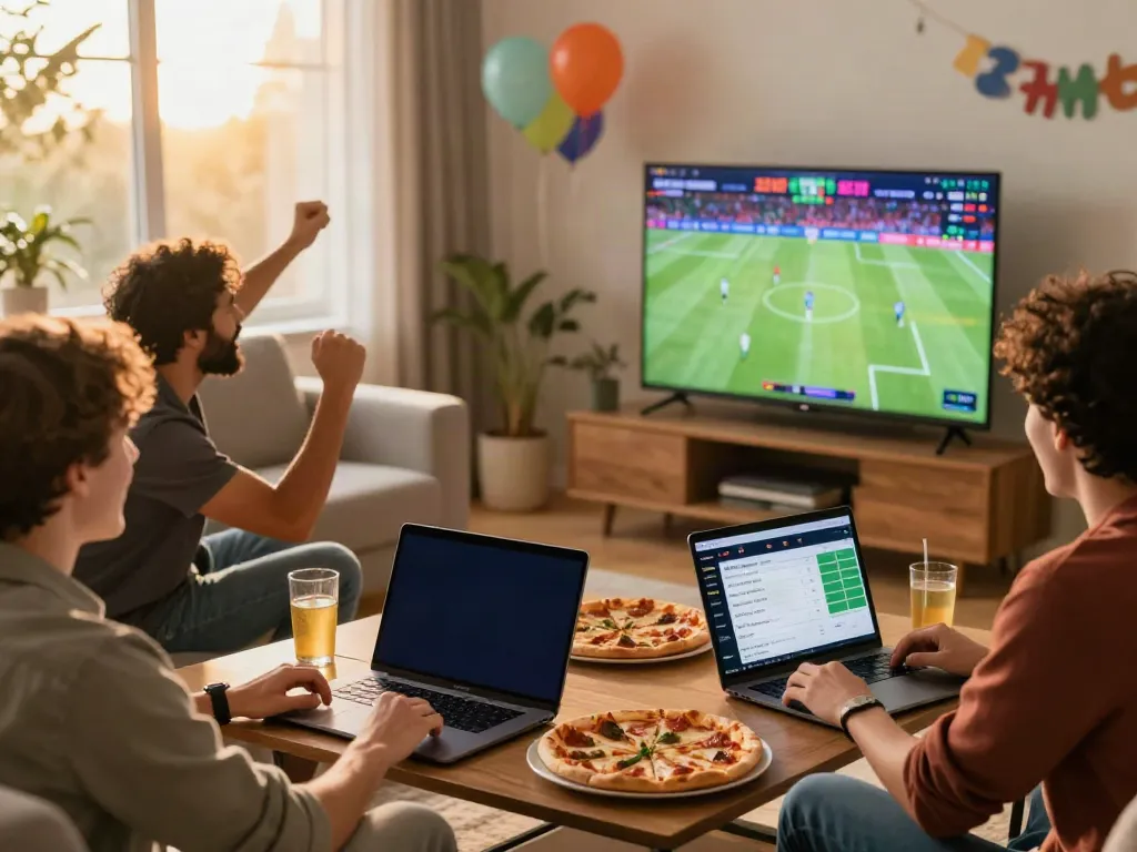 Excited friends enjoying sports betting on ZBET platform in cozy living room.