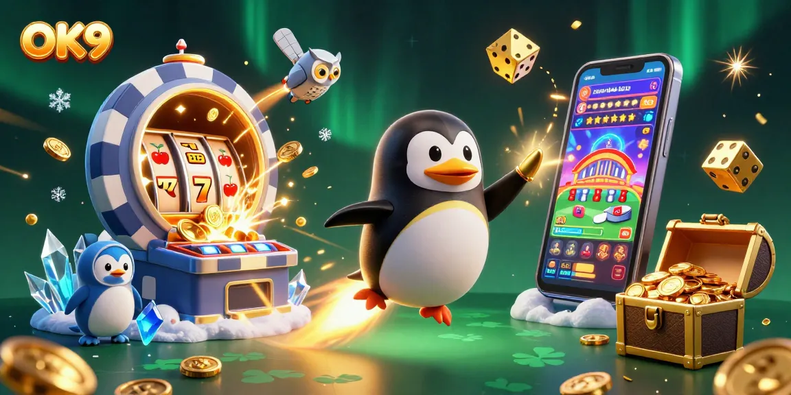 OK9 offers thrilling casino adventures with a golden penguin and jackpot machines in an exciting gaming space.